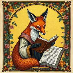 A medieval-style illumination featuring a fox intently reading a book, surrounded by intricate and colorful floral borders typical of manuscripts from the Middle Ages