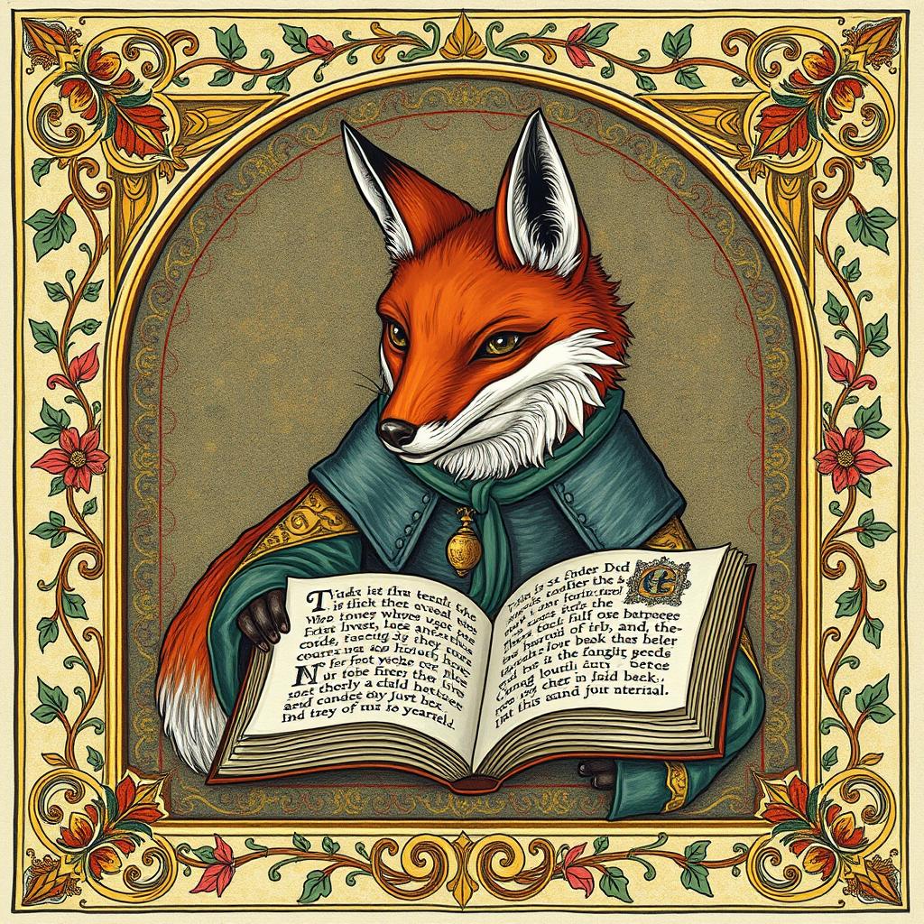 A medieval-style illumination featuring a fox intently reading a book, surrounded by intricate and colorful floral borders typical of manuscripts from the Middle Ages