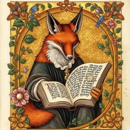 A medieval-style illumination featuring a fox intently reading a book, surrounded by intricate and colorful floral borders typical of manuscripts from the Middle Ages