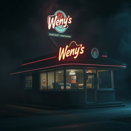 A haunting and eerie scene depicting a vintage Wendy's fast-food restaurant at night