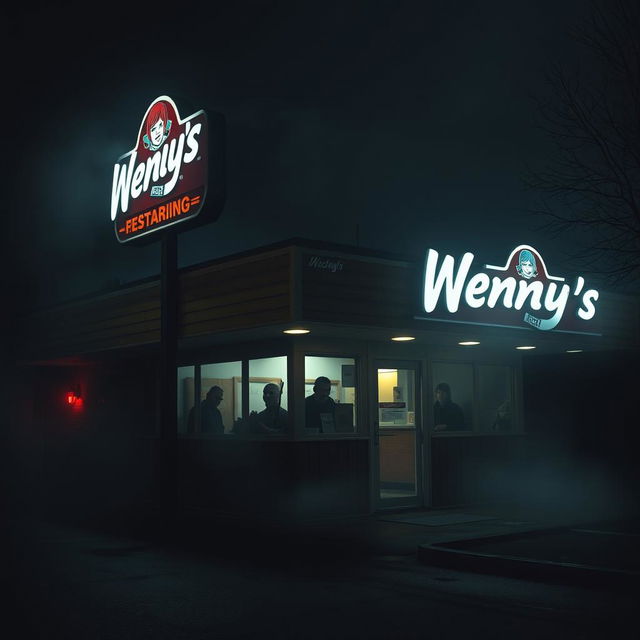 A haunting and eerie scene depicting a vintage Wendy's fast-food restaurant at night