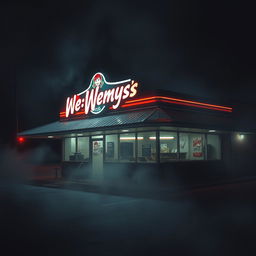 A haunting and eerie scene depicting a vintage Wendy's fast-food restaurant at night