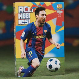 A cereal box design featuring the soccer superstar Lionel Messi. The box has an action picture of Messi with a dynamic background, his name across the top, and colorful graphics promoting the cereal inside.