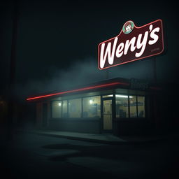 A haunting and eerie scene depicting a vintage Wendy's fast-food restaurant at night