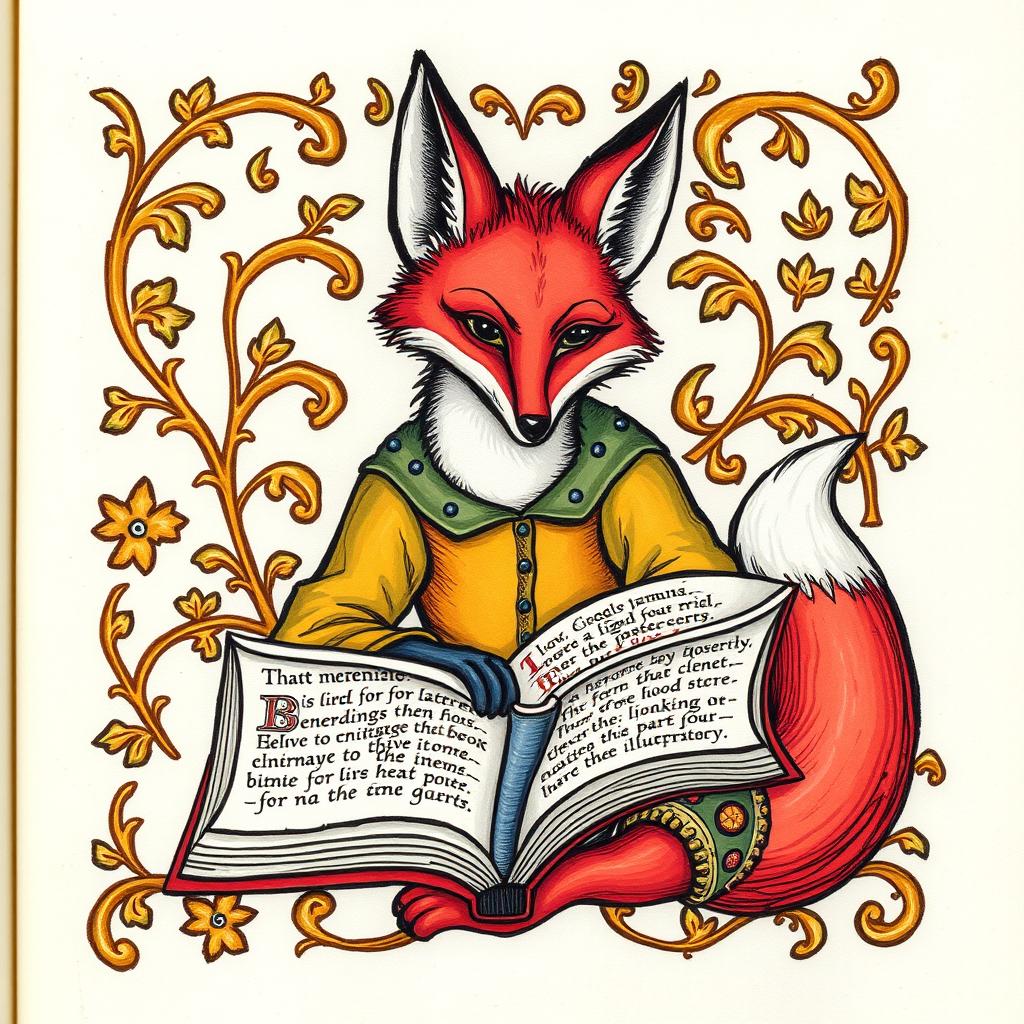 A medieval-style illumination inspired by the iconic Luttrell Psalter, depicting a fox intently reading a book