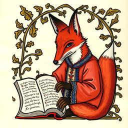 A medieval-style illumination inspired by the iconic Luttrell Psalter, depicting a fox intently reading a book