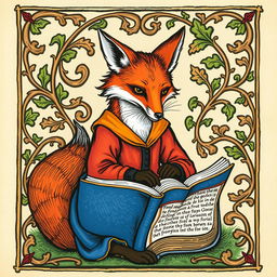 A medieval-style illumination inspired by the iconic Luttrell Psalter, depicting a fox intently reading a book