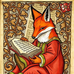 A medieval-style illumination inspired by the iconic Luttrell Psalter, depicting a fox intently reading a book