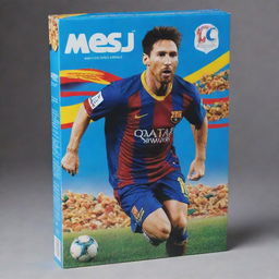 A cereal box design featuring the soccer superstar Lionel Messi. The box has an action picture of Messi with a dynamic background, his name across the top, and colorful graphics promoting the cereal inside.