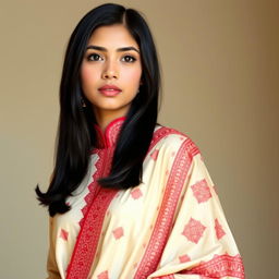 A beautiful Asian girl wearing an elegant Mekhela Chadar in a stunning cream and red color combination