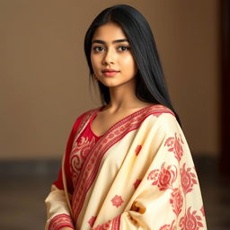 A beautiful Asian girl wearing an elegant Mekhela Chadar in a stunning cream and red color combination