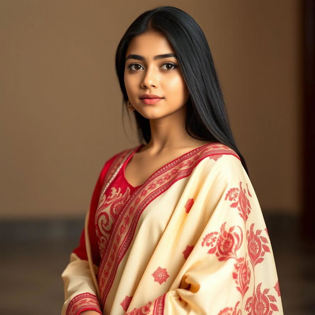 A beautiful Asian girl wearing an elegant Mekhela Chadar in a stunning cream and red color combination