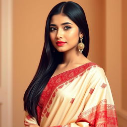 A beautiful Asian girl wearing an elegant Mekhela Chadar in a stunning cream and red color combination