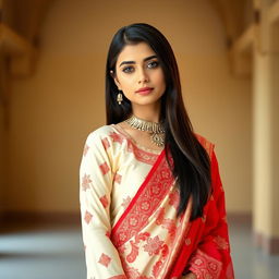 A beautiful Asian girl wearing an elegant Mekhela Chadar in a stunning cream and red color combination