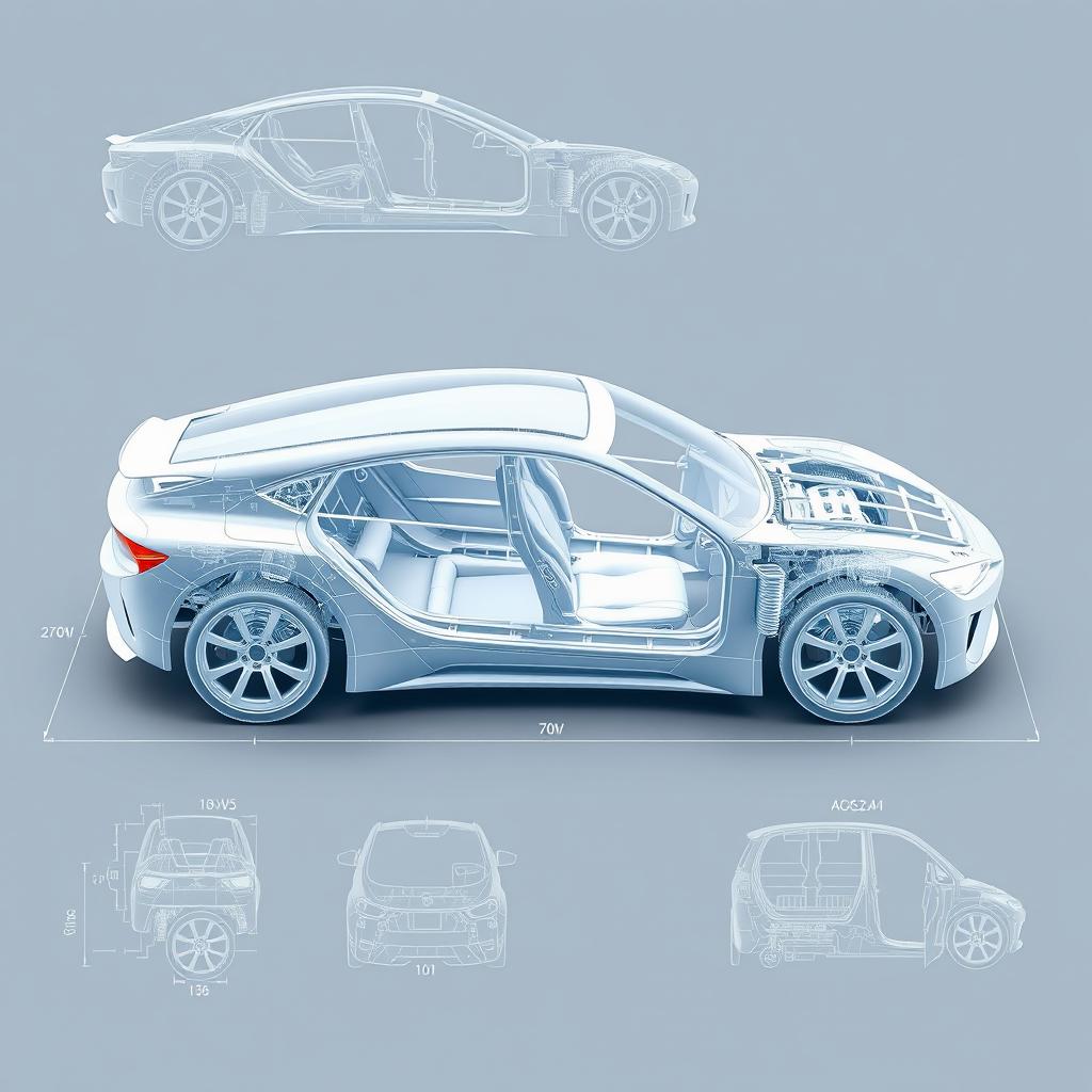 a detailed 3D blueprint of a car body, showcasing the intricate design and structure from different angles, featuring the chassis, framework, and exterior panels