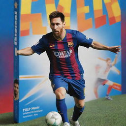 A cereal box design featuring the soccer superstar Lionel Messi. The box has an action picture of Messi with a dynamic background, his name across the top, and colorful graphics promoting the cereal inside.