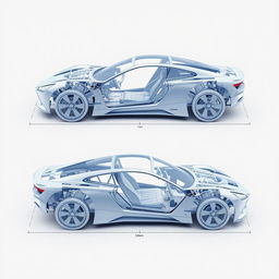 a detailed 3D blueprint of a car body, showcasing the intricate design and structure from different angles, featuring the chassis, framework, and exterior panels