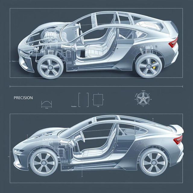 a detailed 3D blueprint of a car body, showcasing the intricate design and structure from different angles, featuring the chassis, framework, and exterior panels