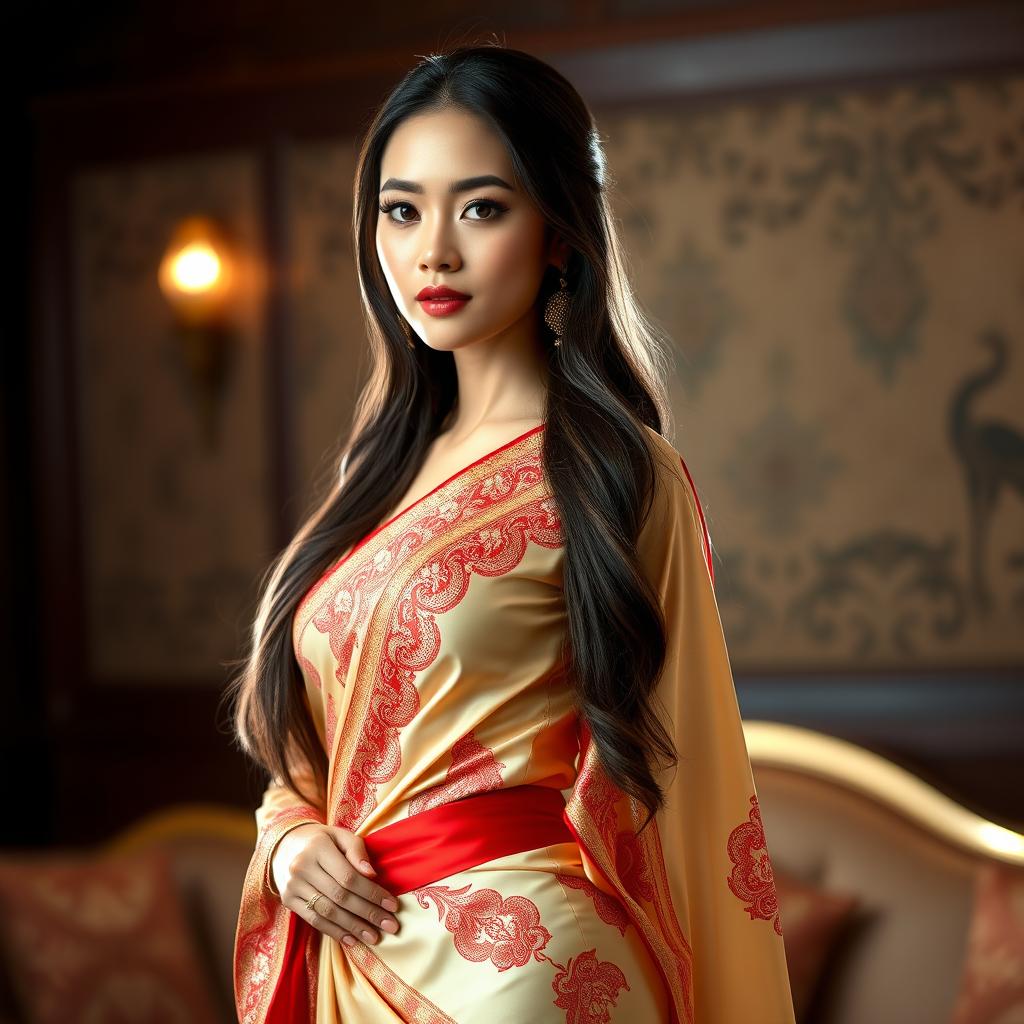 A beautiful Thai woman wearing a luxurious Mekhela Chadar in a striking cream and red color combination