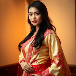 A beautiful Thai woman wearing a luxurious Mekhela Chadar in a striking cream and red color combination