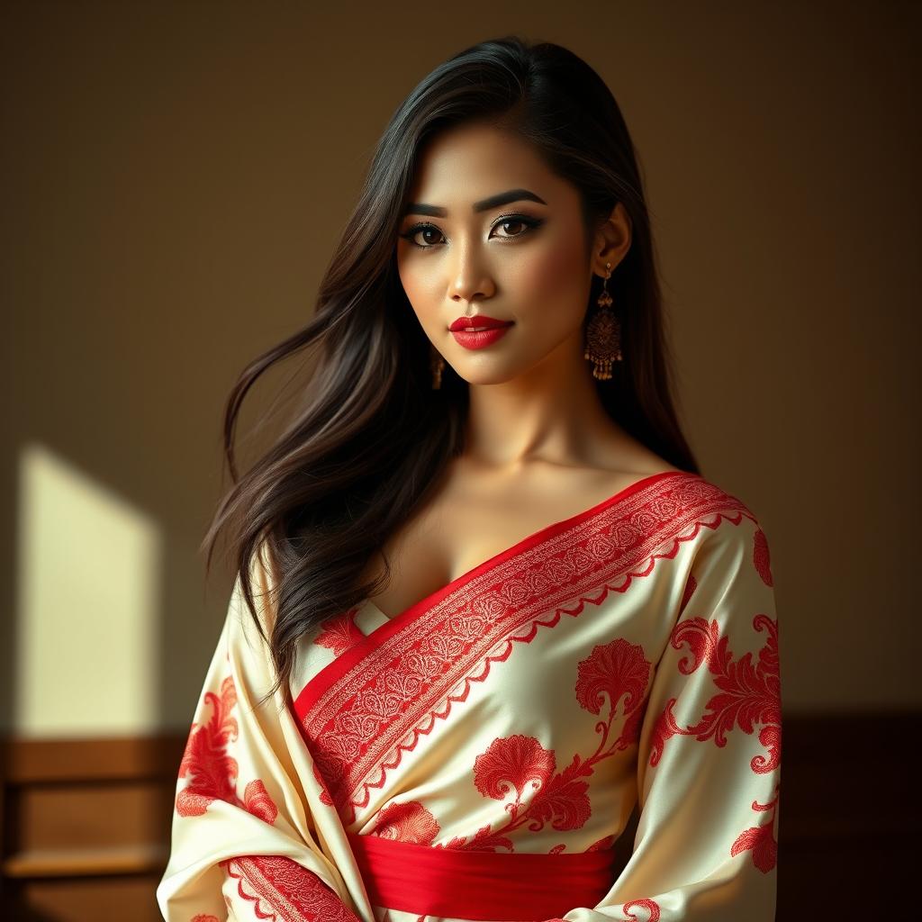 A beautiful Thai woman wearing a luxurious Mekhela Chadar in a striking cream and red color combination