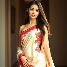 A beautiful Thai woman wearing a luxurious Mekhela Chadar in a striking cream and red color combination