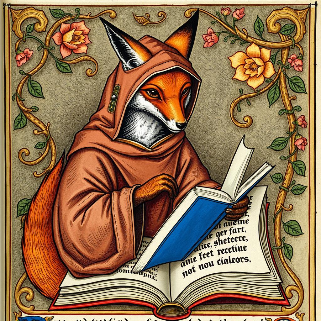 A detailed medieval illumination portraying a fox donning a monkish habit, absorbed in reading a book