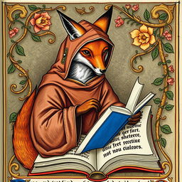 A detailed medieval illumination portraying a fox donning a monkish habit, absorbed in reading a book