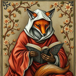 A detailed medieval illumination portraying a fox donning a monkish habit, absorbed in reading a book