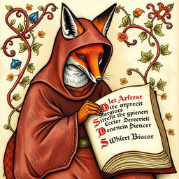 A detailed medieval illumination portraying a fox donning a monkish habit, absorbed in reading a book