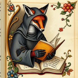 A detailed medieval illumination portraying a fox donning a monkish habit, absorbed in reading a book