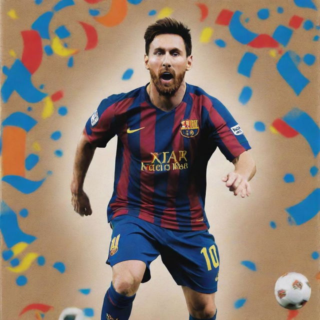 A cereal box design featuring the soccer superstar Lionel Messi. The box has an action picture of Messi with a dynamic background, his name across the top, and colorful graphics promoting the cereal inside.