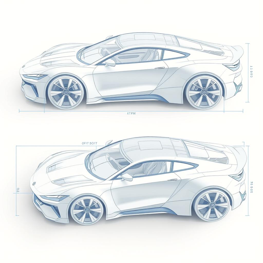 A highly detailed 3D blueprint of a car body, showcasing intricate design elements and engineering features