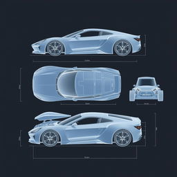 A highly detailed 3D blueprint of a car body, showcasing intricate design elements and engineering features