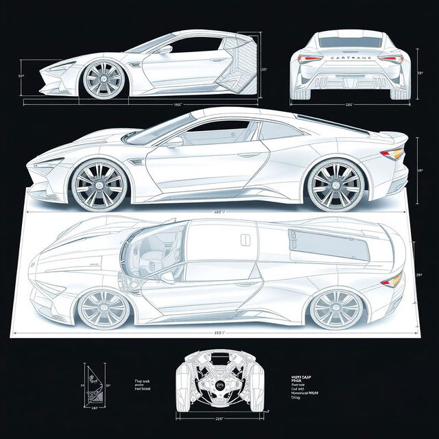 A highly detailed 3D blueprint of a car body, showcasing intricate design elements and engineering features