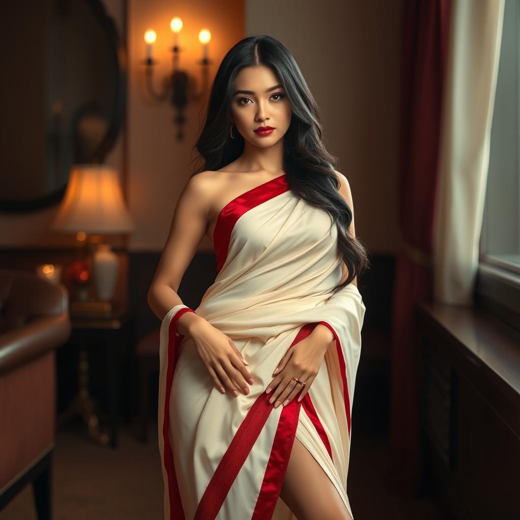 A beautiful Thai woman exuding sensuality while wearing a Cream and Red Mekhela Chadar styled in a sexy and elegant manner