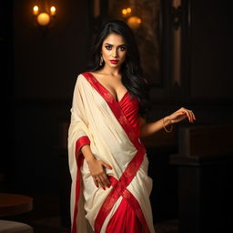 A beautiful Thai woman exuding sensuality while wearing a Cream and Red Mekhela Chadar styled in a sexy and elegant manner