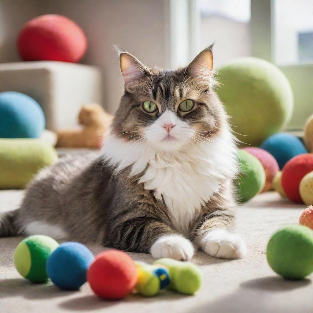 A fluffy domestic cat with bright green eyes, lounging lazily in a sunlit room surrounded by toys