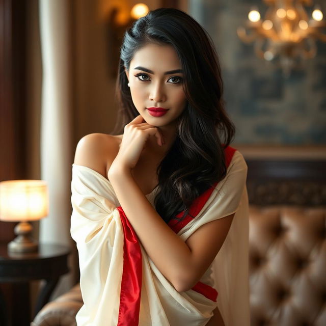 A beautiful Thai woman exuding sensuality while wearing a Cream and Red Mekhela Chadar styled in a sexy and elegant manner