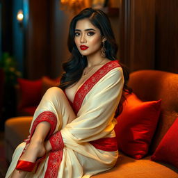 A beautiful Thai woman exuding sensuality while wearing a Cream and Red Mekhela Chadar styled in a sexy and elegant manner