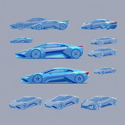 A collection of 3D blueprint sketches showcasing futuristic cars