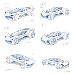 A collection of 3D blueprint sketches showcasing futuristic cars