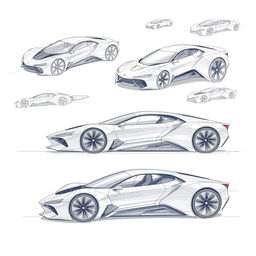 A collection of 3D blueprint sketches showcasing futuristic cars