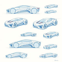 A collection of 3D blueprint sketches showcasing futuristic cars