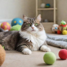 A fluffy domestic cat with bright green eyes, lounging lazily in a sunlit room surrounded by toys