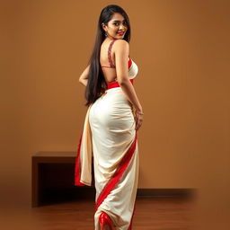 A beautiful Thai woman with a voluptuous figure, confidently wearing a luxurious Mekhela Chadar in a captivating cream and red color combination