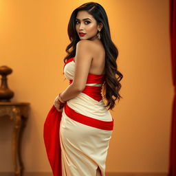 A beautiful Thai woman with a voluptuous figure, confidently wearing a luxurious Mekhela Chadar in a captivating cream and red color combination