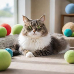 A fluffy domestic cat with bright green eyes, lounging lazily in a sunlit room surrounded by toys