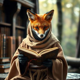 A captivating photograph of a fox wearing a monkish habit, engrossed in reading a book