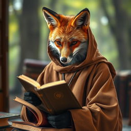 A captivating photograph of a fox wearing a monkish habit, engrossed in reading a book